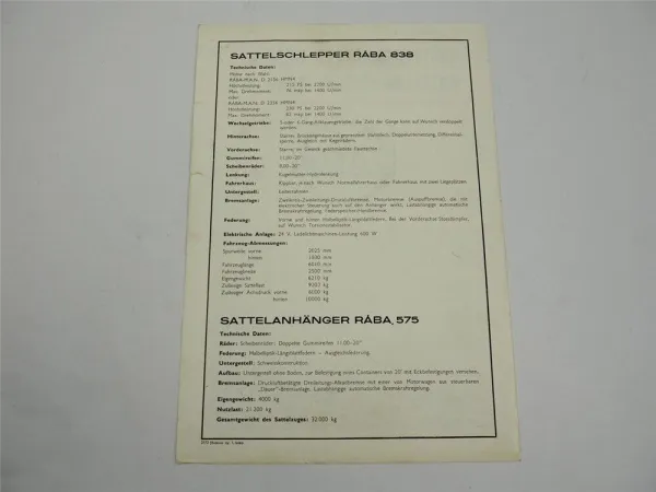 Raba 838 575 LKW Sattelschlepper mit Anhänger Prospekt 1970er Jahre Ungarn
