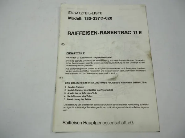 Raiffeisen Rasentrac 11E Ersatzteilliste Schaltplan Mod. 130-337D-628