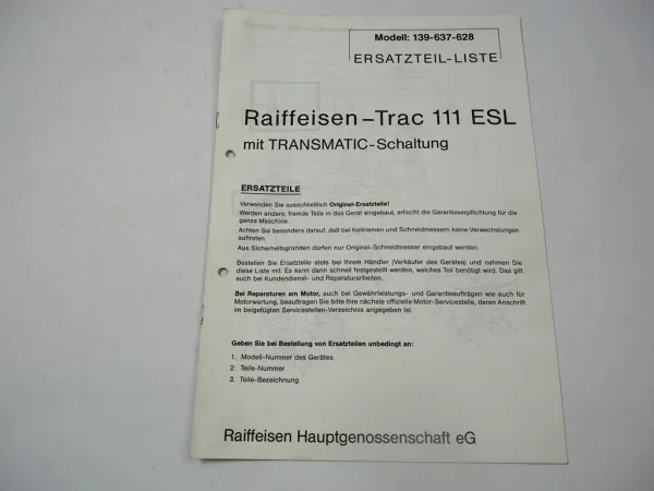 Raiffeisen Trac 111 ESL Ersatzteilliste Schaltplan Elektrik Mod. 139-637-628