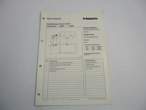 Range Rover Einbauanleitung Webasto Thermo Top S Typ BW50 DW50 Heizung 1996