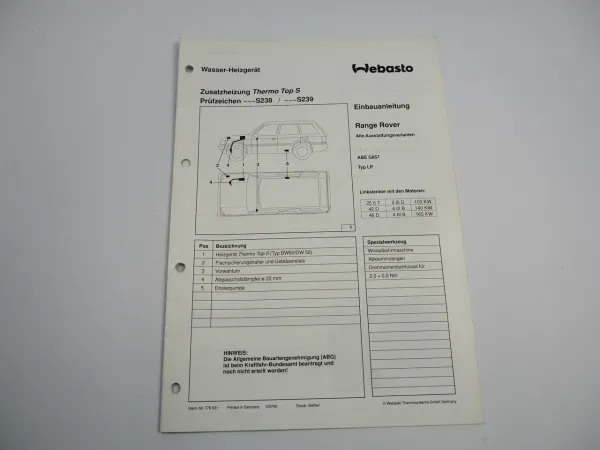 Range Rover Typ LP Einbauanleitung Webasto Thermo Top S Typ BW50 DW50 Heizung 95