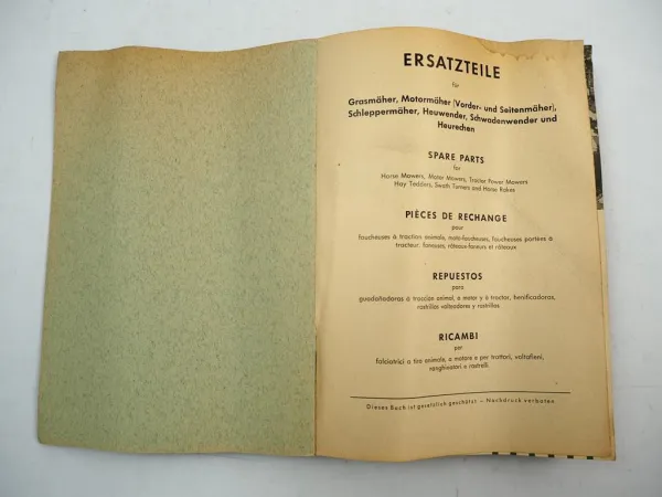 Rasspe Ersatzteilkatalog für Schleppermähwerke Motormäher Heuwender 1957