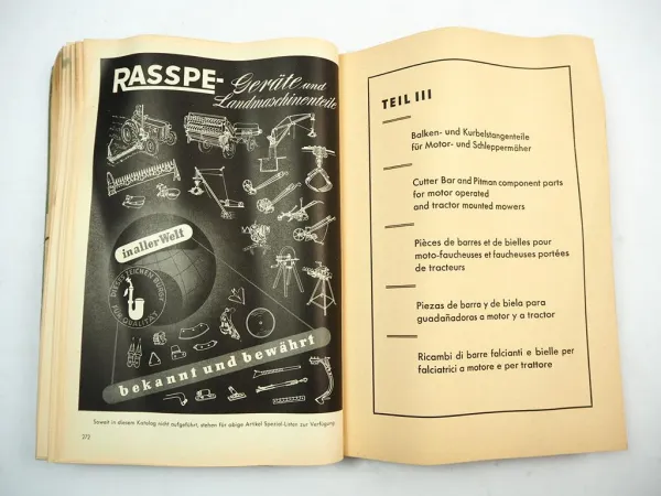 Rasspe Ersatzteilkatalog für Schleppermähwerke Motormäher Heuwender 1957