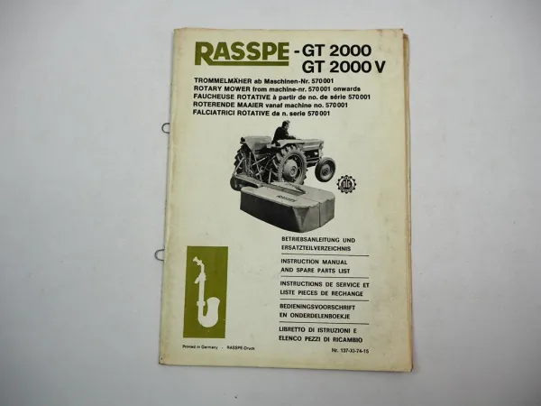 Rasspe GT 2000 2000V Trommelmäher Betriebsanleitung Ersatzteilliste 1974