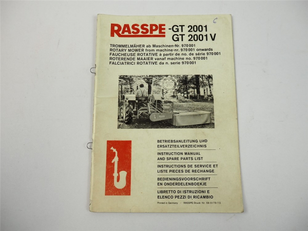 Rasspe GT 2001 2001V Trommelmäher Betriebsanleitung Ersatzteilliste 1979