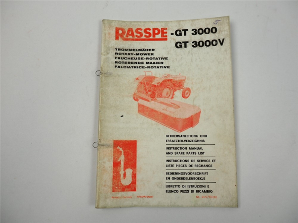 Rasspe GT 3000 3000V Trommelmäher Betriebsanleitung Ersatzteilliste 1975