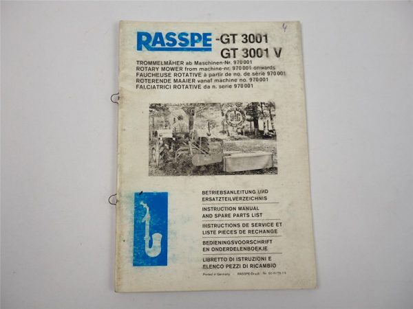 Rasspe GT 3001 3001V Trommelmäher Betriebsanleitung Ersatzteilliste 1979