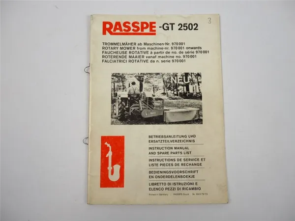 Rasspe GT2502 Trommelmäher Betriebsanleitung Ersatzteilliste 1979