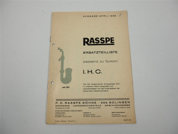 Rasspe Mähwerke Fingerbalken für System IHC Ersatzteilliste 1968