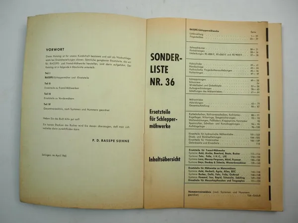 Rasspe Mähwerke für Schlepper Ersatzteilliste Sonderliste Nr. 36 von 1965