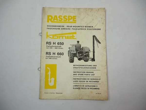 Rasspe RSH 650 660 Heckmähwerk Betriebsanleitung Ersatzteilliste 1976