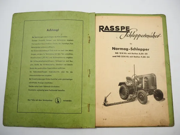 Rasspe Schleppermäher für Normag NG15 NG23 K KL Bedienung Ersatzteilliste 1957