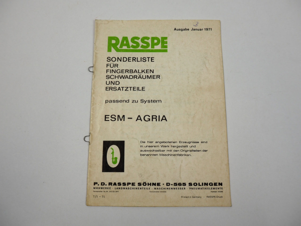 Rasspe Sonderliste für Fingerbalken Schwadräumer ESM Agria Ersatzteilliste 1971