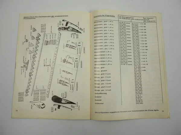Rasspe Sonderliste für Fingerbalken Schwadräumer ESM Agria Ersatzteilliste 1971