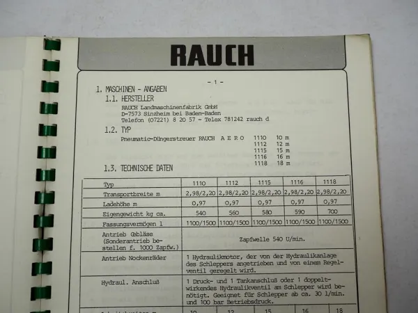 Rauch AERO Pneumatik Düngerstreuer Betriebsanleitung Streutabelle ca. 1985