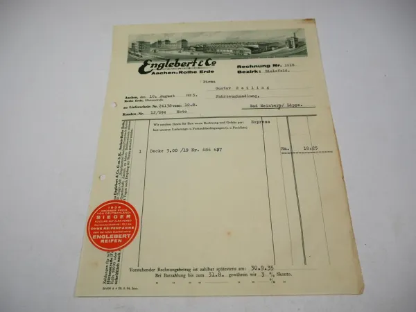 Rechnung Englebert GmbH Aachen Rothe Erde Gummiwerk 08/1935