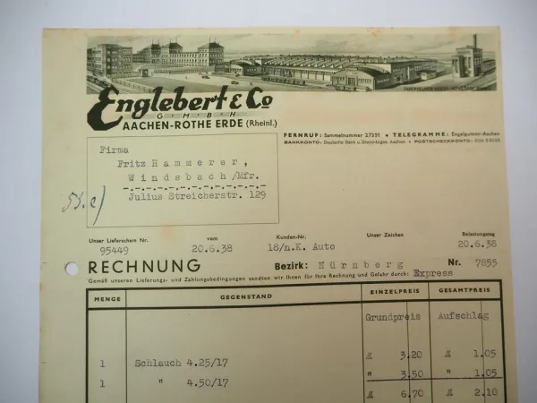 Rechnung Englebert GmbH Aachen Rothe Erde Gummiwerk 1938