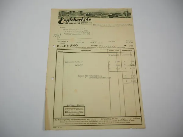 Rechnung Englebert GmbH Aachen Rothe Erde Gummiwerk 1938