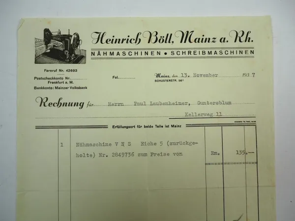 Rechnung Heinrich Böll Mainz Nähmaschinen Schreibmaschinen 1937