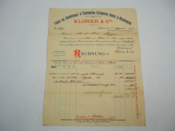 Rechnung Klorer & Co. Mainz Seife Parfümerie Wachswaren 1900