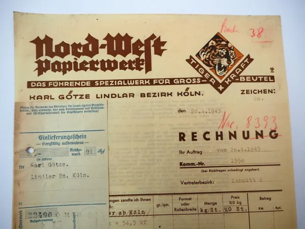 Rechnung Nord West Papierwerk Lindlar Köln 1943 Entwurf Ludwig Hohlwein
