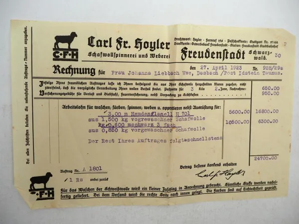 Rechnung Prospekt Carl Fr. Hoyler Schafwollspinnerei Weberei Freudenstadt 1923