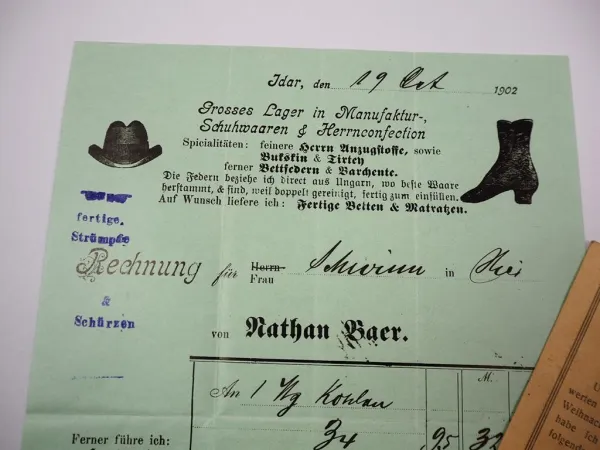 Rechnung Sparkarte Nathan Baer Idar-Oberstein 1902
