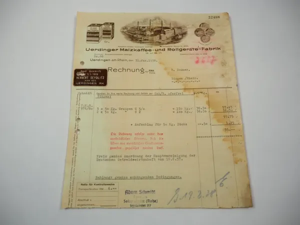 Rechnung Uerdinger Malzkaffee Rollgerste Fabrik 1938 Uerdingen am Rhein