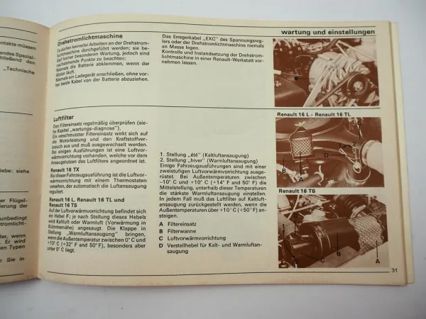 Renault 16 L TL TS TX Betriebsanleitung Schaltplan Bedienung Wartung Einstellung