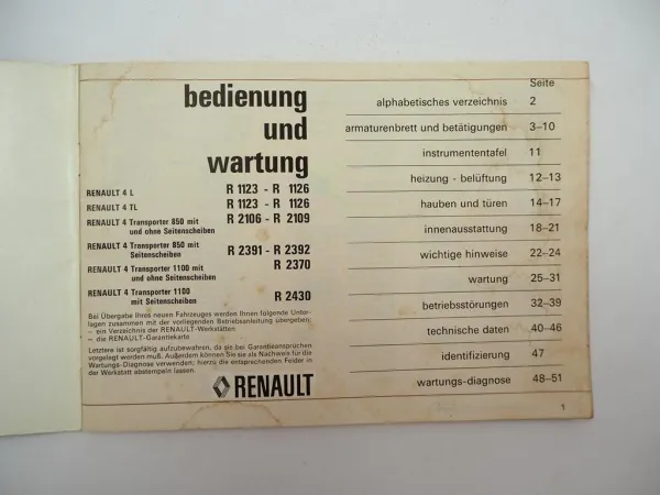 Renault 4 L TL Transporter 850 1100 Betriebsanleitung Bedienungsanleitung 1976