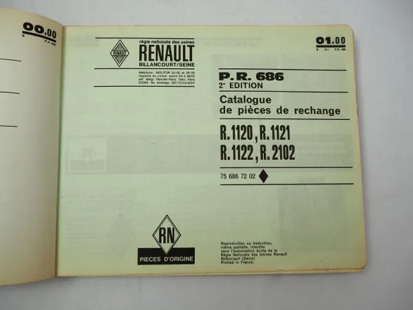 Renault 4 R 1120 1121 1122 2102 Catalogue de Pieces de Rechange P.R.686/2