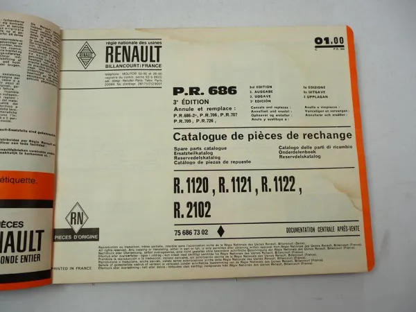 Renault 4 R 1120 1121 1122 2102 Catalogue de Pieces de Rechange P.R.686/3