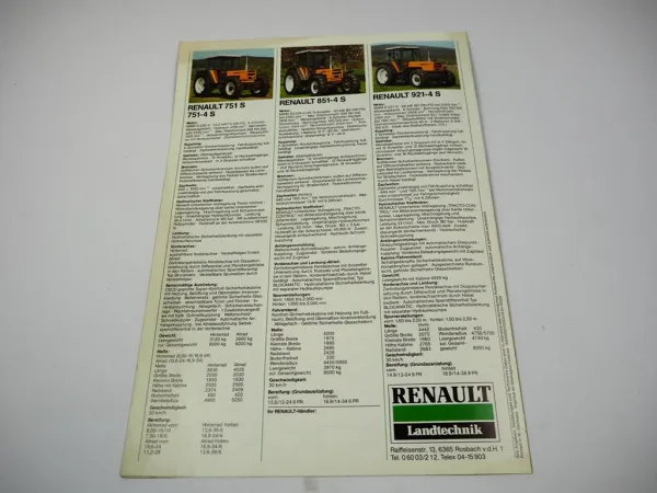 Renault 421 M - 921-4 S Traktor Prospekt Programm Technische Daten ca. 1981