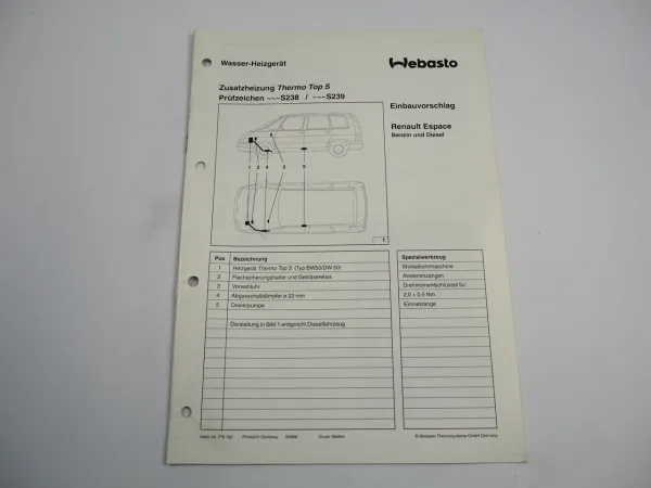 Renault Espace Einbauanleitung Webasto Thermo Top S Typ BW50/DW50 Heizung 1996