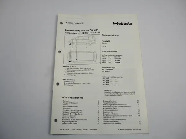 Renault Espace Typ JE Einbauanleitung Webasto Thermo Top Z/C-B/D Heizung 1997