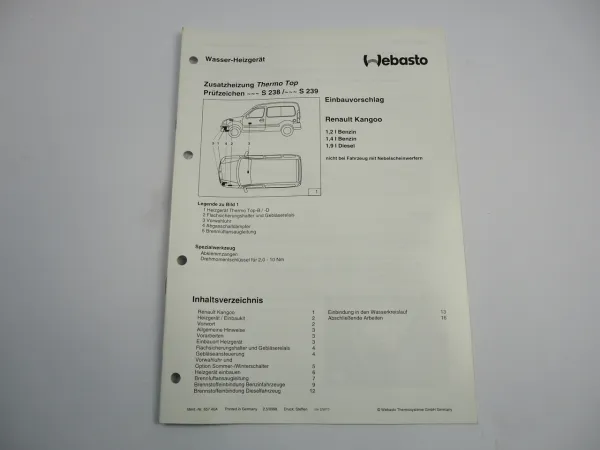 Renault Kangoo Einbauanleitung Webasto Thermo Top Typ BW50 DW50 Heizung 1998