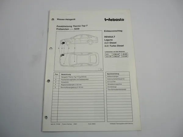 Renault Laguna 2,2l D TD Einbauanleitung Webasto Thermo Top T DW50 Heizung 1996