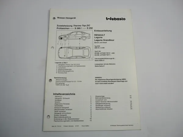 Renault Laguna Grandtour Einbauanleitung Webasto Thermo Top Z/C-D/B Heizung 1997