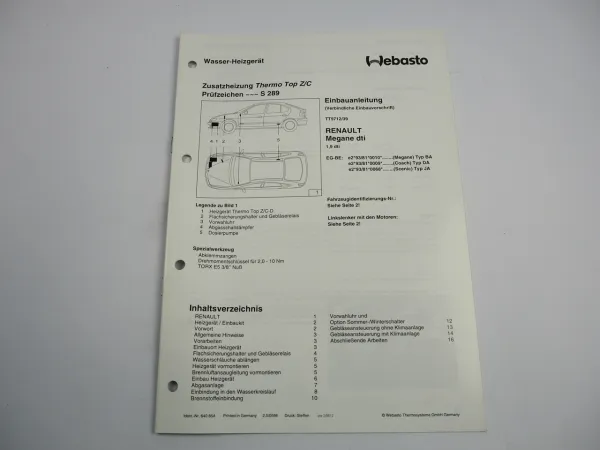 Renault Megane 1,9 dti Einbauanleitung Webasto Thermo Top Z/C-D Heizung 1998