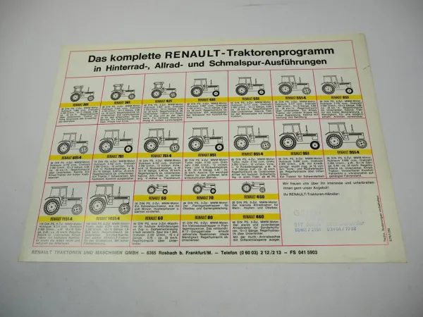 Renault 1151-4 Traktor Programm 30 - 140 PS Weltserie Prospekt technischen Daten