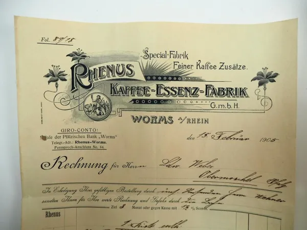 Rhenus Kaffee Essenz Fabrik GmbH Worms am Rhein 3x Rechnung 1905