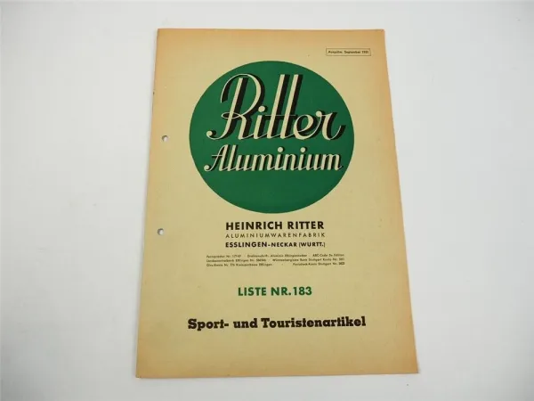 Ritter Aluminiumwarenfabrik Esslingen Feldflaschen Campinggeschirr Katalog 1951