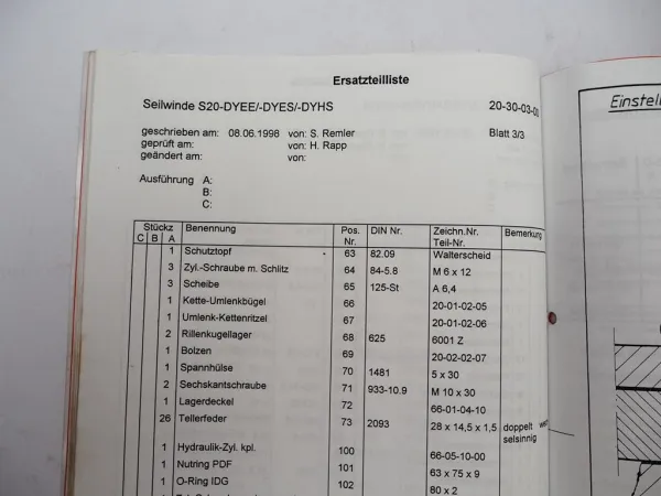 Ritter S20 DYES Schlepperseilwinde Betriebsanleitung Ersatzteilliste 1994