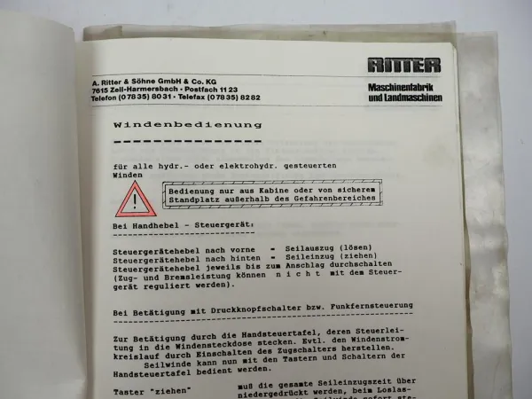 Ritter S66 D/6 Schlepperseilwinde für MB-trac 1000 Betriebsanleitung ETL 1980er