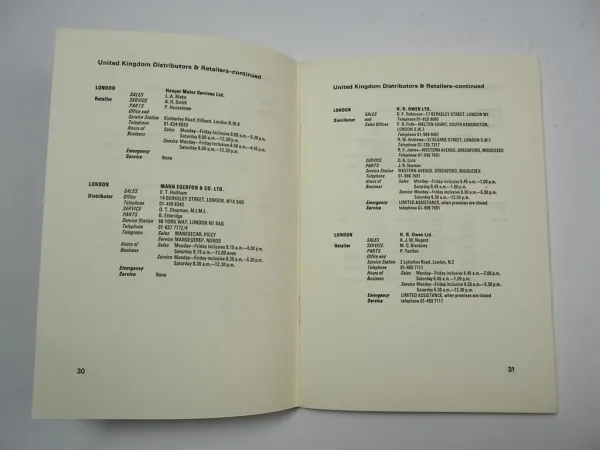 Rolls Royce Bentley Sales and Service Distributors and Retailers List 1973