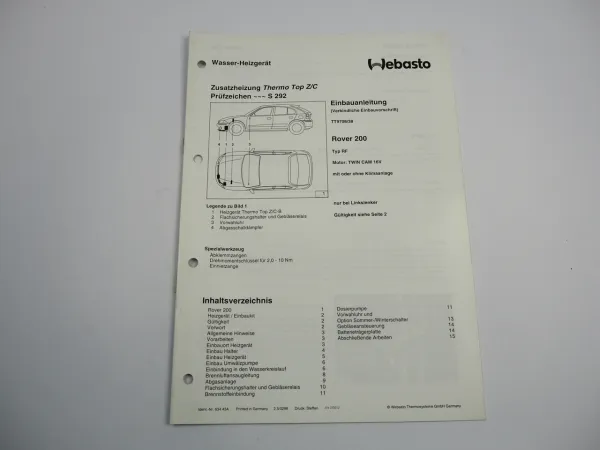 Rover 200 Typ RF Einbauanleitung Webasto Thermo Top Z/C Benzin Heizung 1998