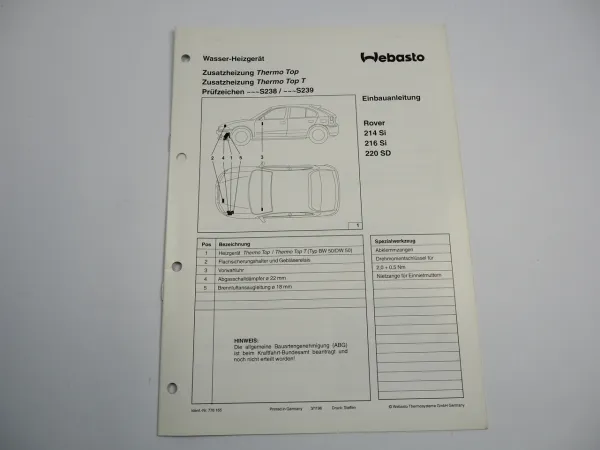 Rover 214Si 216Si 220SD Einbauanleitung Webasto Thermo Top T BW50 DW50 Heizung