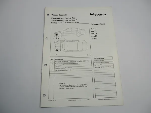 Rover 420D Di Si 416Si Einbauanleitung Webasto Thermo Top T BW/DW50 Heizung 1996