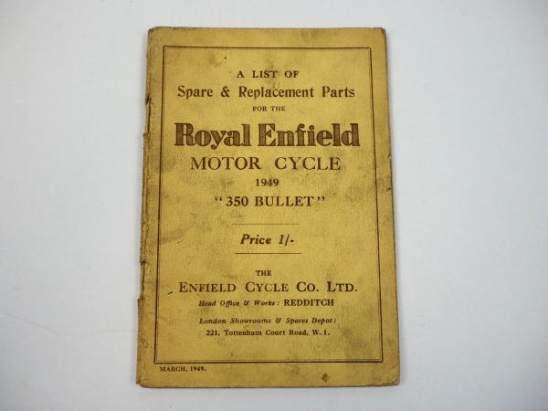 Royal Enfield 350 Bullet Motorcycle Spare Parts List Ersatzteilliste 1949