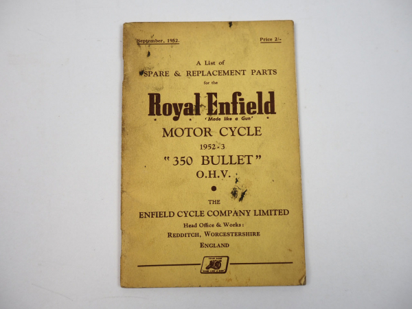 Royal Enfield 350 Bullet OHV Motorcycle Spare Parts List Ersatzteilliste 1952
